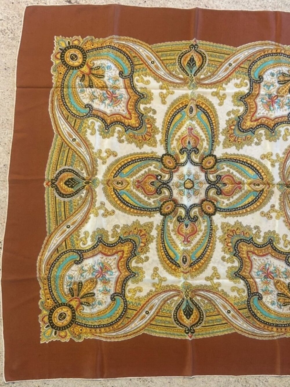 Vintage Glentex All Silk Hand Rolled Made in Japan Brown Border Scarf